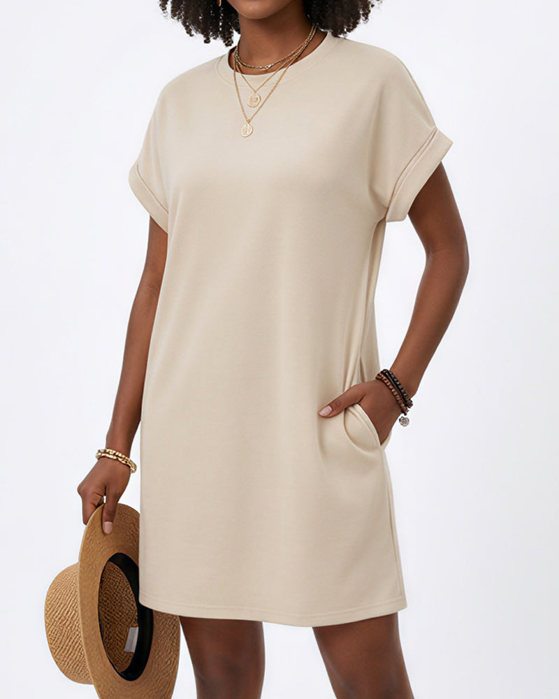 Casual Loose Crew Neck T-Shirt Dress With Pockets